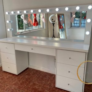 1900L X 800H 7 Drawer Vanity with framed Hollywood mirror & crystal knob handles, Available in white or black