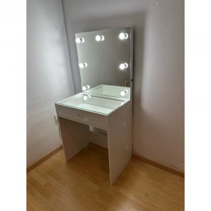 700 X 500 1 Drawer Glass top glam station with frameless Hollywood mirror