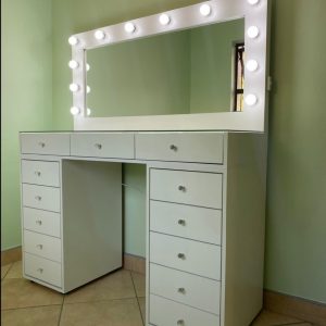 1300 X 500 X 900 13 DRAWE GLASS TOP GLAM STATION WITH FRAMED HOLLYWOOD MIRROR