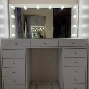 1300 X 500 X 900 13 DRAWER GLASS TOP GLAM STATION WITH FRAMELESS HOLLYWOOD MIRROR