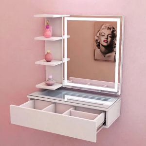1 Drawer Glass Top Floating Vanity With LED Mirror & shelf